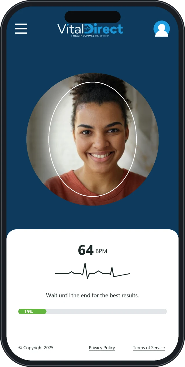 The Vital Direct face scan on a phone: a face inside the scan outline, heart rate 64 BPM, scan 19% complete