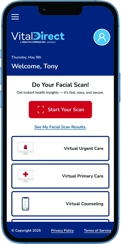 The Vital Direct member screen on a phone, with the face scan button and Virtual Urgent Care, Virtual Primary Care and Virtual Counseling